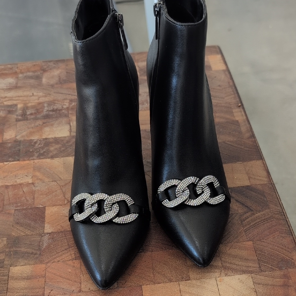 White House Black Market Black Ankle Boots with Silver Chain